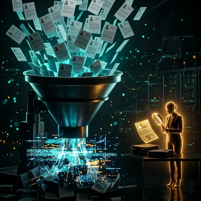 Resumes filtered through an automated recruiting funnel showing how AI tools miss qualified candidates